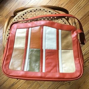 Vintage Vinyl 70’s Patchwork Handbag Purse Burnt Orange White Red Green Tan Bag